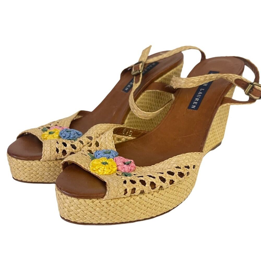Ralph Lauren Espadrille Wedge Sandals 8.5 Boho Raffia Floral Crochet Ankle Strap
